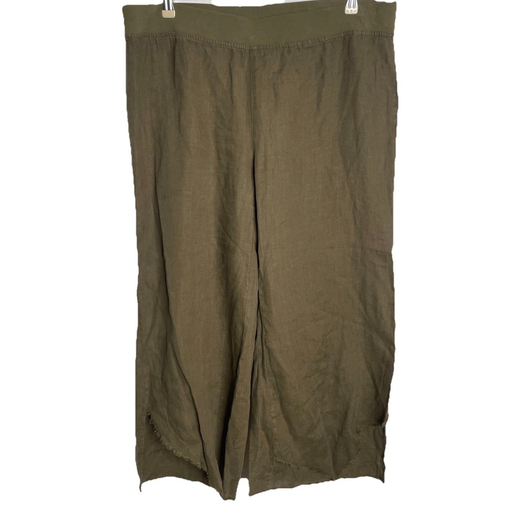 XCVI WEARABLES Linen Wide Leg Pants Khaki Green Elastic Waist Pull On XL